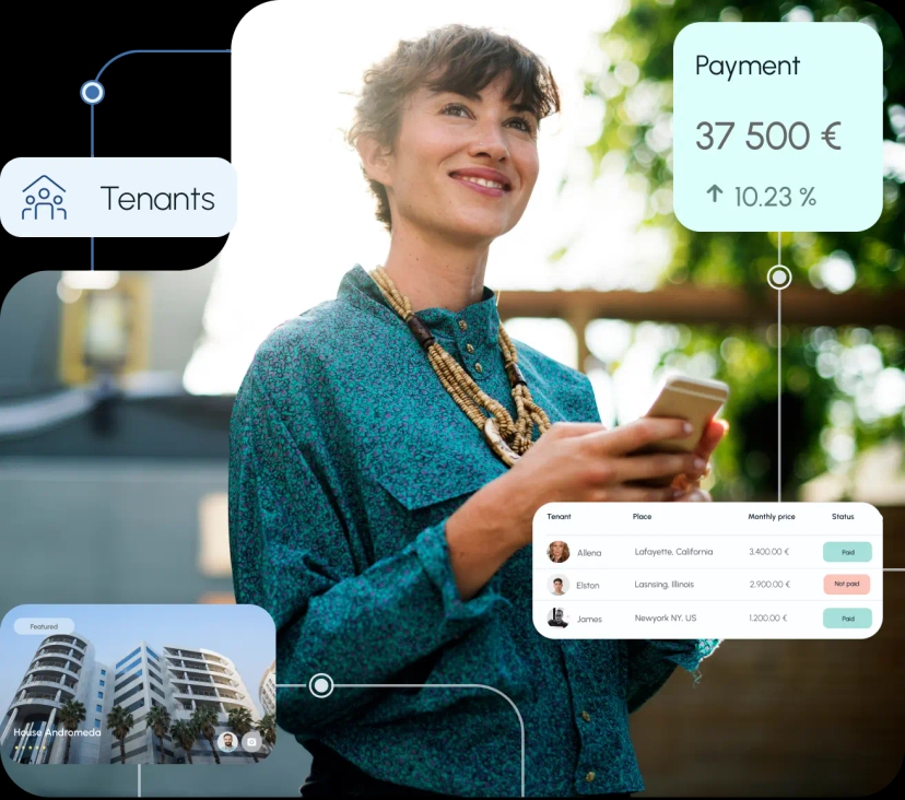 A woman with a phone and graphics showing payment and tenant data.