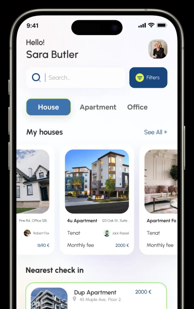 Smartphone screens: a Rentooler welcome page and a dashboard showing property details and check-in info.