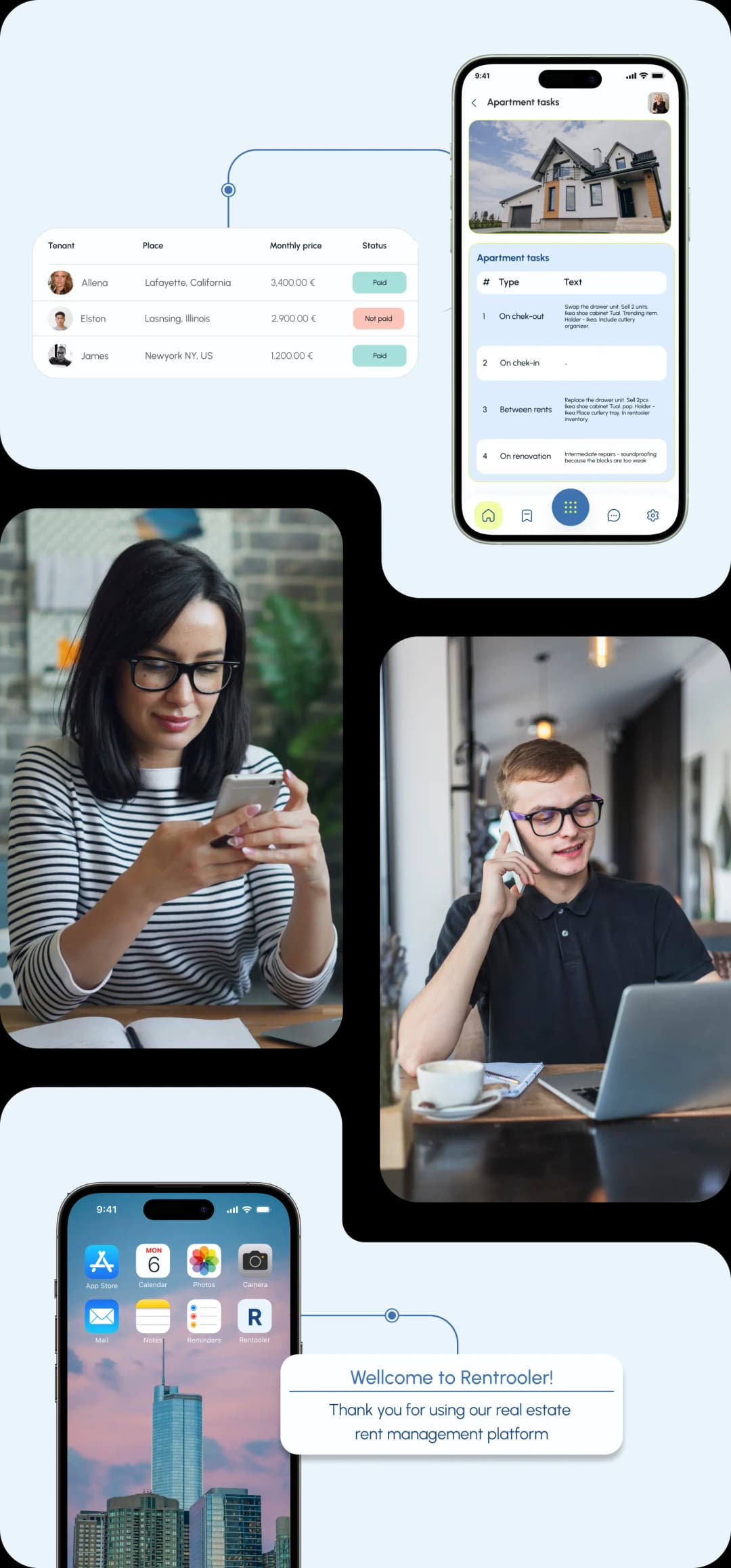 A dashboard displaying tenant payments, a mobile screen with apartment tasks, and a woman and a man using a smartphone at their desk.