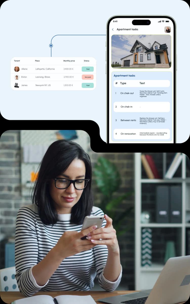 Dashboard showing tenant payments, a mobile screen with apartment tasks, and a woman using a smartphone at her desk.