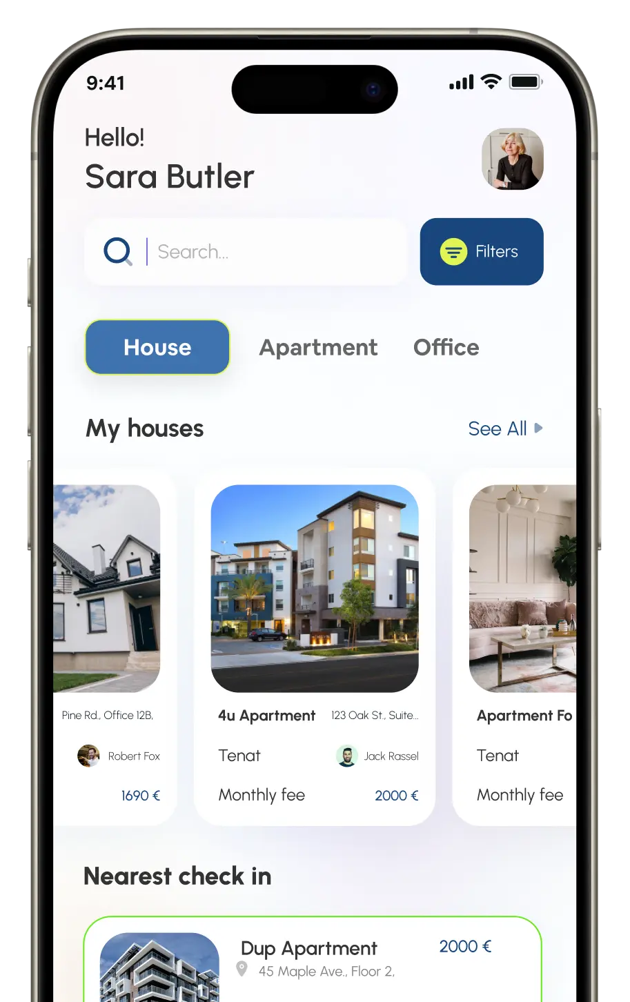 Smartphone screens: a Rentooler welcome page and a dashboard showing property details and check-in info.