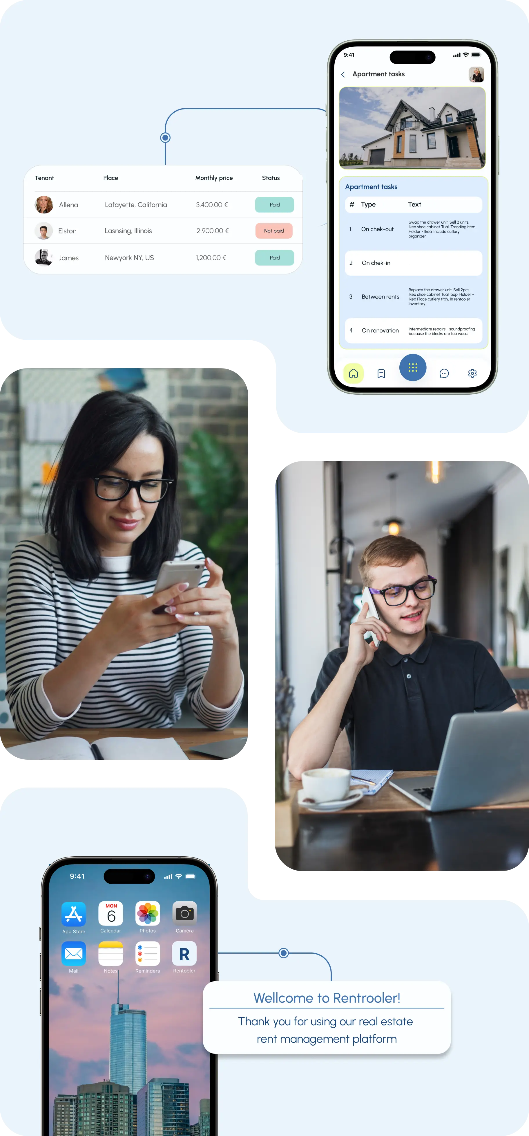 A dashboard displaying tenant payments, a mobile screen with apartment tasks, and a woman and a man using a smartphone at their desk.