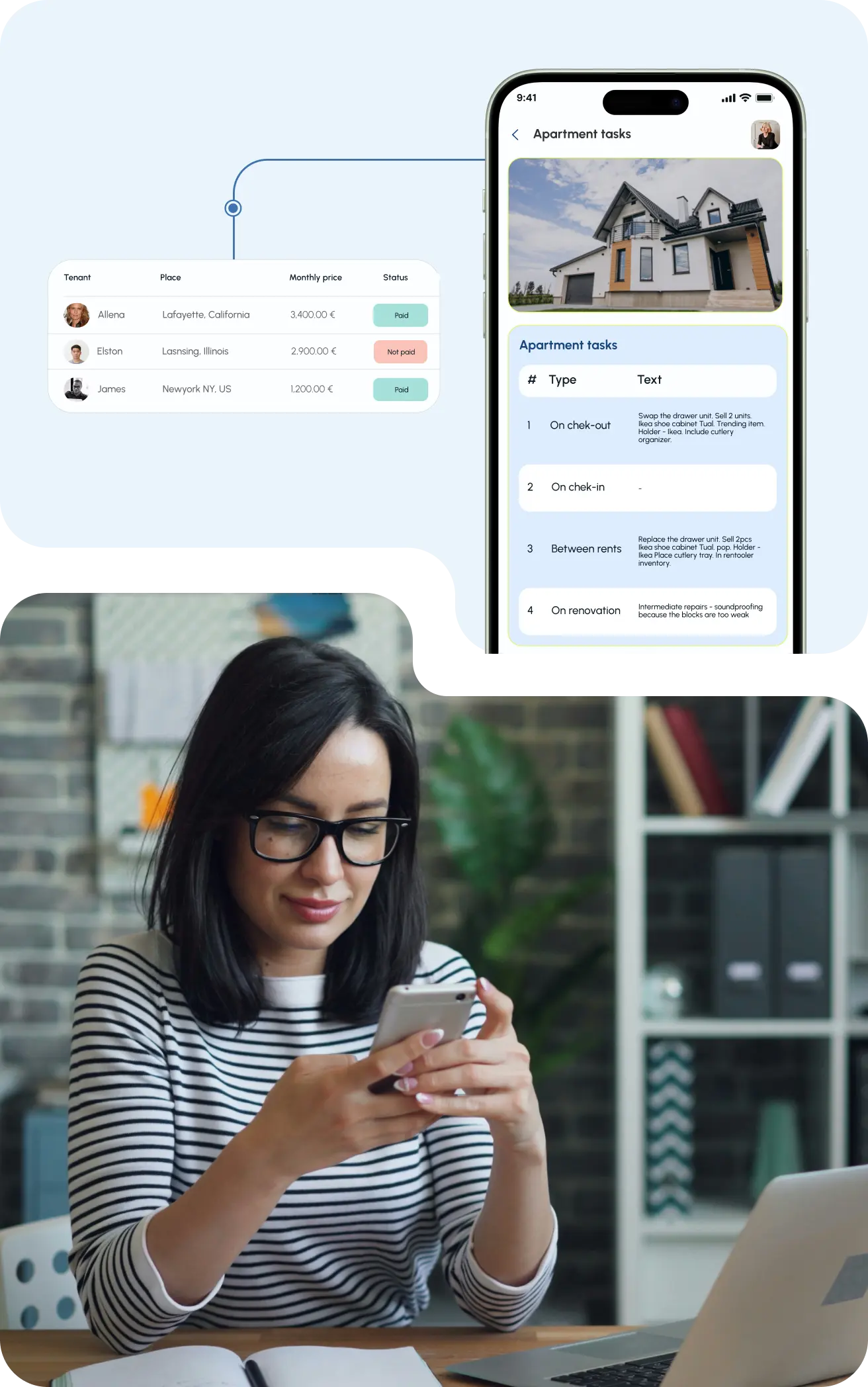 Dashboard showing tenant payments, a mobile screen with apartment tasks, and a woman using a smartphone at her desk.